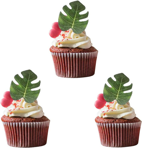 48pcs Edible Tropical Turtle Leaves Cupcake Toppers, Palm Leaf Cake Decoration for Hawaii Aloha Jungle Theme Party
