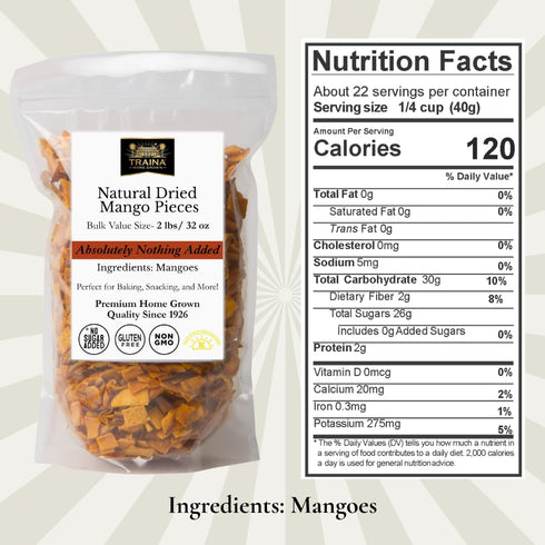 (2 lbs) Traina Home Grown Dried Natural Mango Slices No Sugar Added, Non-GMO, Gluten-Free, Vegan, Healthy Real Fruit