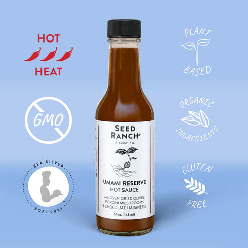 3 Pack Seed Ranch Umami Reserve Hot Sauce, - Spicy Heat Flavor - Oven Dried Olives, Porcini Mushrooms & Chocolate