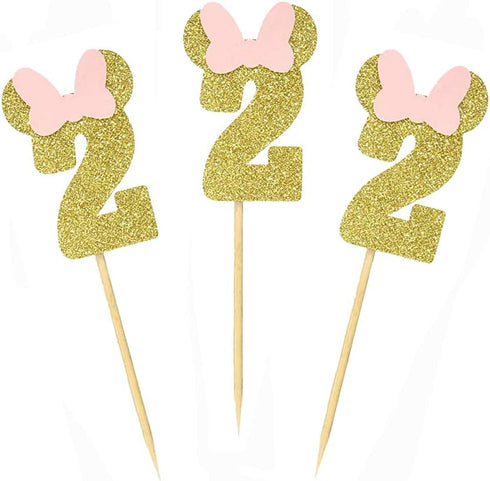 Morndew 24 PCS Gold Pink Glitter Number 2 Cupcake Toppers for Baby Girl Second Birthday Party Decorations