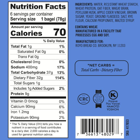 2-Pack 30-80 ROYO BREAD CO. NON-Assorted Low Carb Artisan Bread and Bagels, Calories (Plain Bagels)