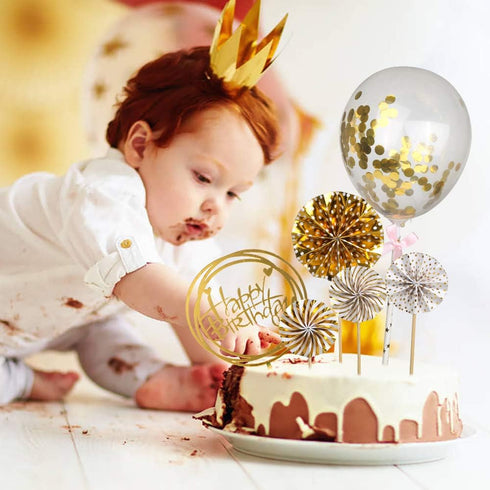 DIYASY Gold Happy Birthday Cake Topper Kit, 6 Pcs Confetti Balloon Paper Fans Acrylic Cake Toppers