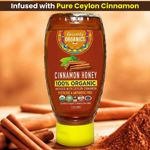 100% 12 oz Heavenly Organics Cinnamon Infused Honey, Organic | Raw Honey with Cinnamon | Unheated, Lightly Filtered |