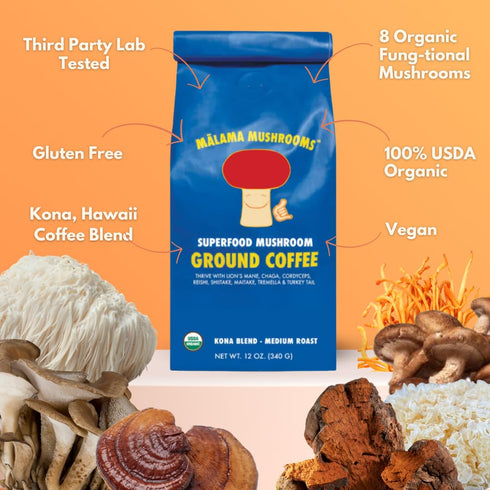 8-Mushroom Immune 12oz Organic Ground Mushroom Coffee by Malama | Superfood Blend with Lions Mane, Reishi, Cordyceps