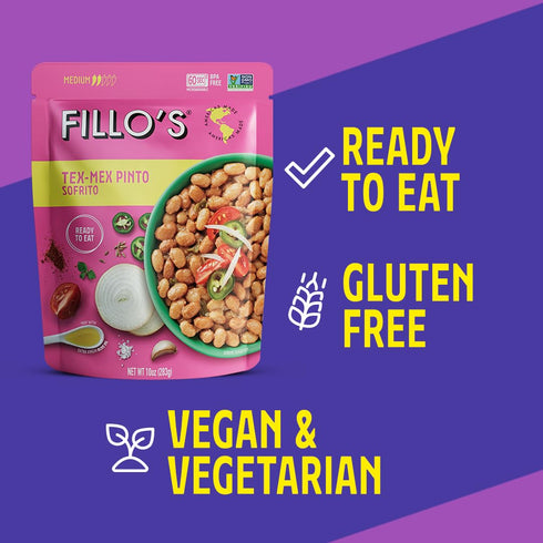 10 oz 6 Fillo's Tex Mex Pinto Beans - Ready to Eat Beans, Gluten-Free, Preservative-Free, Microwavable, Non-GMO, Vegan