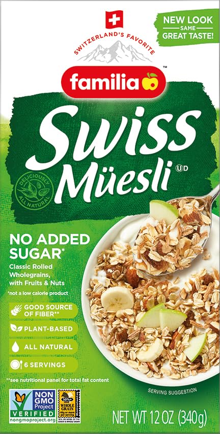 0g Energy-Packed 12 (Pack 2) Familia Swiss Muesli Cereal, Added Sugar, Cereal with Raisins, Hazelnuts and Almonds