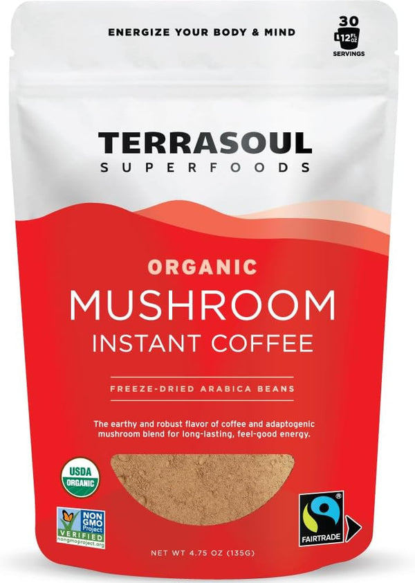 Terrasoul Superfoods Organic Instant Mushroom Coffee, 30 Servings, 4.75oz - Fair-Trade |