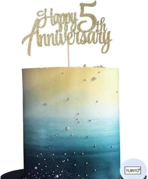 5th Anniversary Party Decoration, Gold Glitter Cake Topper