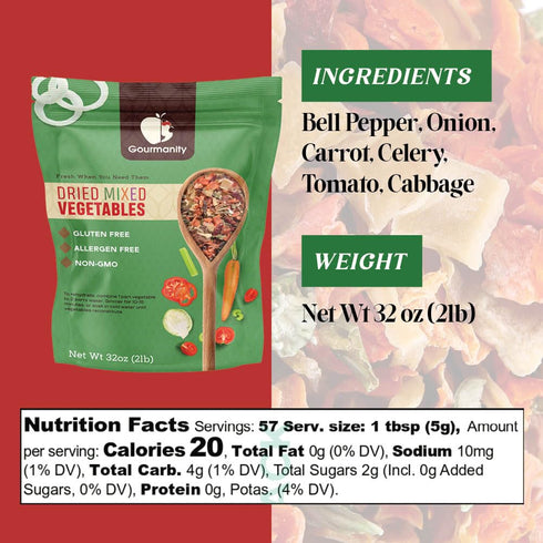2lb Tasty Vegetable Soup Blend, Dehydrated Vegetables for Ramen Toppings, Stews, and Emergency Food, Bulk Resealable