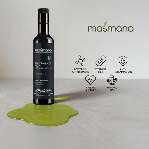 100% 500 mL (16.9 Masmana High-Polyphenol Extra Virgin Olive Oil Early Harvest & Cold Pressed, Polyphenol-Rich EVOO