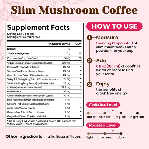 40 Venture Pal Slim Mushroom Coffee, Instant Coffee with Berberine, Cinnamon, Yerba Mate & Turmeric, Supports Weight