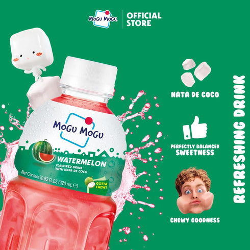 6 Pack 10.82 oz Mogu Mogu Watermelon Juice Drink with Nata de Coco (Coconut Jelly) Chewy Fruit Beverage for Kids