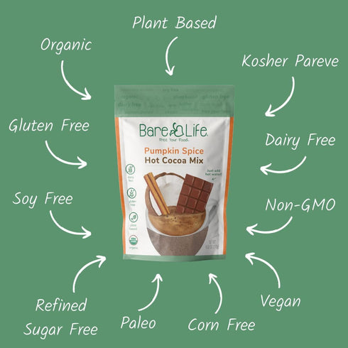 9.52 oz. Bare Life: Dairy Free Pumpkin Spice Hot Cocoa Mix Pouch | Gluten Free, Vegan, USDA Organic, Plant Based