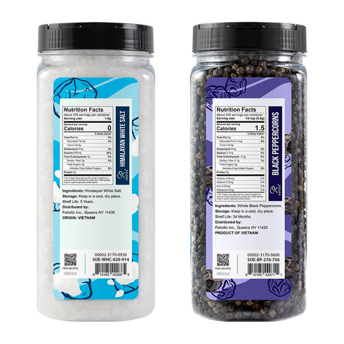 20 Oz 9.5 Oz, Set 837g (2 Set) Soeos Himalayan White Salt + Whole Black Peppercorns Coarse Grain, White Sea Salt, Black