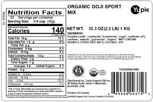 2.2 lb, Pack 1 Yupik Trail Mix, Organic Goji Sport, An organic mix of pumpkin seeds, cashews, walnuts, cranberries
