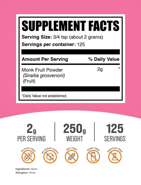 2g 250g (8.8 oz) (Pack 1) BulkSupplements.com Monk Fruit Powder - Monk Fruit Sweetener, Sugar Substitute for Baking