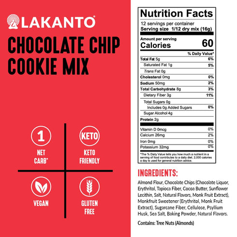 Lakanto Sugar Free Chocolate Chip Cookie Mix, Gluten Free, Keto Friendly, Vegan, 12 Cookies, Sweetened with Monk Fruit