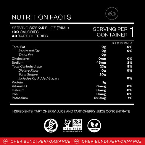100% 2.5 40 100 0 2.5 floz (Pack 12) Cheribundi | Tart Cherry Juice Pure Concentrate Grab & Go | Fluid Ounce Pouch