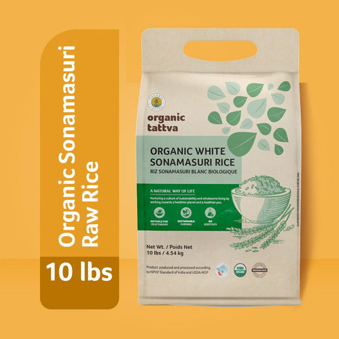 (10 lbs) Organic Tattva Sonamasuri Rice - Organic Medium Grain Rice - Lightweight - Natural Aroma - No Additive - Vegan