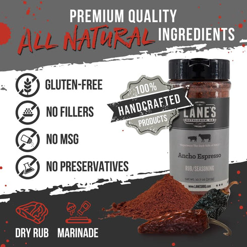 10.7 oz Lane's Ancho Espresso Coffee Rub, - All Natural BBQ Rub Steak Seasoning with Ancho Chili & Espresso - Creates