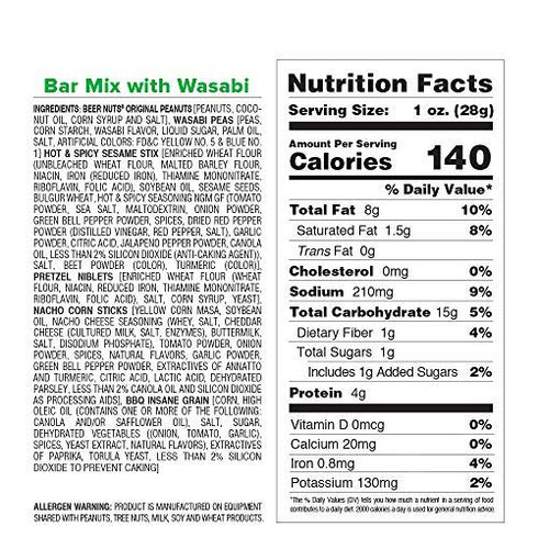 BEER NUTS Bar Mix w/Wasabi - Pretzels, Cheese Stix, Insane Grain & Wasabi Peas, 32oz Resealable Bag