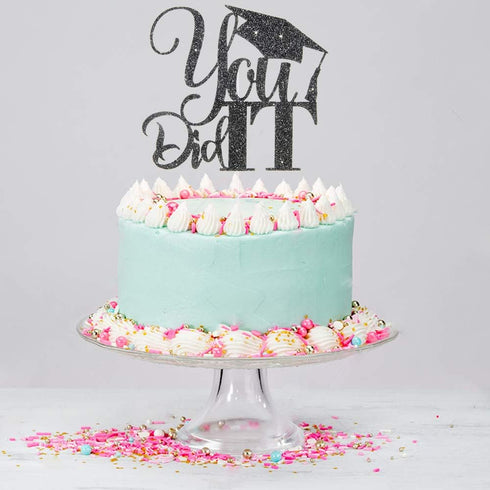 Black Glitter You Did It Cake Topper, Congrats Grad, High School College Graduation Party Decorations