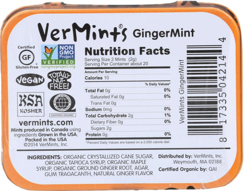 VerMints Organic GingerMint Breath Mints, 1.41oz Tins, Pack of 6, Non-GMO, Vegan