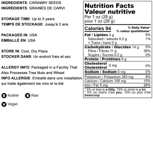 Food to Live Caraway Seeds, 4 Ounces Whole Raw Dried, Kosher and Vegan, Bulk Savory Spice, Rich in Dietary Fiber