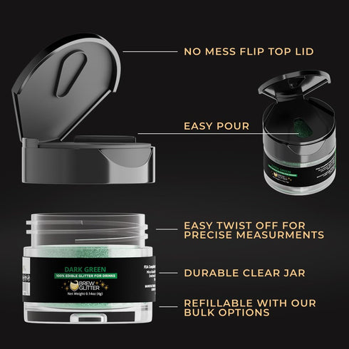Brew Glitter Dark Green Edible Drink Glitter, 1x 4g Jar for Cocktails, Beer, & Beverages