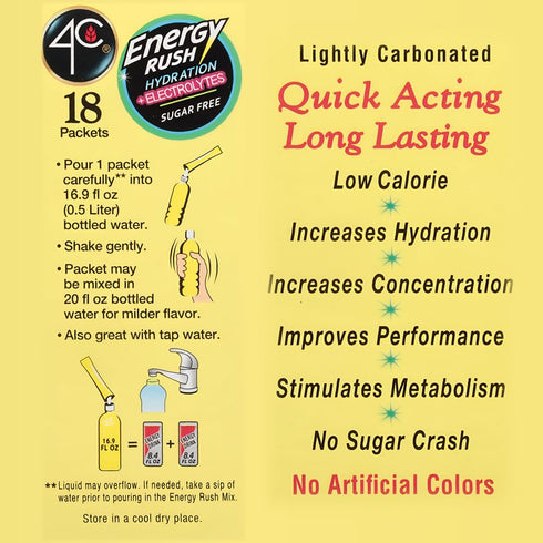 4C 18ct Packets, Energy Rush PSD with Electrolytes Lemonade, Single Serve Water Flavoring On the Go Bundle