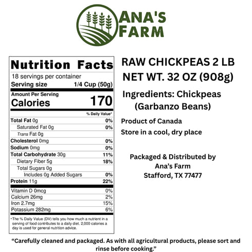 ANA'S FARM 2 lb Hummus, Raw Chickpeas (Garbanzo Beans) Bulk Bag Premium Quality, Clean & Natural, Dry Chickpeas