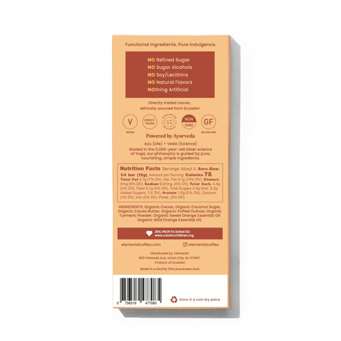 1 Pack Elements Truffles Orange Crunch w/Quinoa & Turmeric - Heavy Metal Tested - Dairy Free Chocolate Bar - Paleo