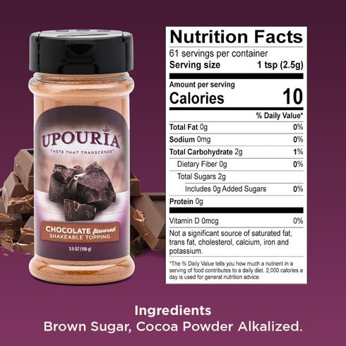 5.5oz Upouria Chocolate Flavored Shakable Topping, Finishing Sugar for Coffee, Lattes, Hot Chocolate, Desserts, Gourmet