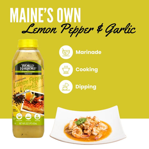 16 oz (Pack 2) World Harbors Lemon Pepper Garlic Sauce & Marinade, Made in Maine, Ideal for Chicken Wings, Seafood
