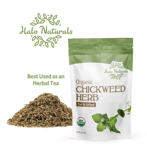 Halo Naturals 4 Packaged Organic Chickweed Herb Cut & Sifted, Ounces (Stellaria media) USDA Certified | Resealable