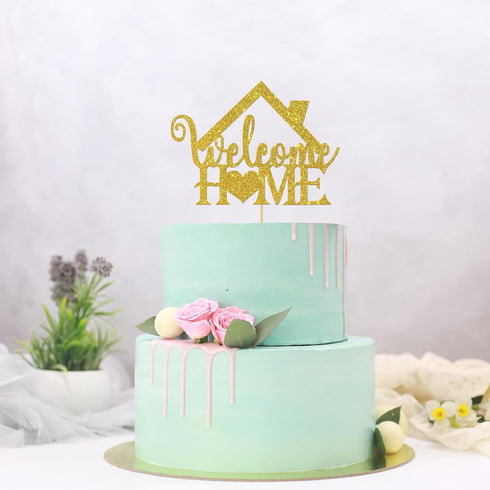 Gold Glitter Welcome Home Cake Topper - Home Party Decoration - Welcome Sign for New Home/New Baby/Retirement