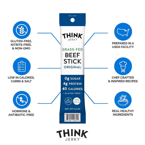 0.5 oz 20 Pack Think Jerky Original Beef Sticks, Gluten and Sugar Free, No Nitrates, Keto Paleo Friendly High Protein