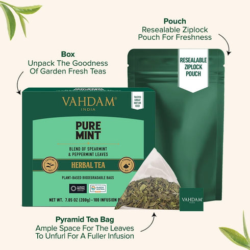 VAHDAM Pure Mint Herbal Tea, 100 Pyramid Tea Bags, Caffeine Free, Non GMO, Gluten Free, Sweet & Minty, Resealable