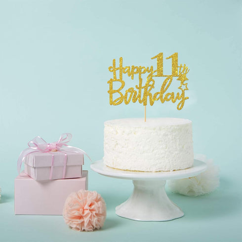 Gold Glitter Happy 11th Birthday Cake Topper - 11 Sign Cake Topper for 11th Birthday Party Supplies