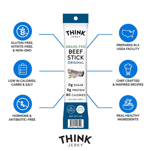 1.0 oz 10 Pack Think Jerky Original Beef Sticks, Gluten and Sugar Free, No Nitrates, Keto Paleo Friendly High Protein
