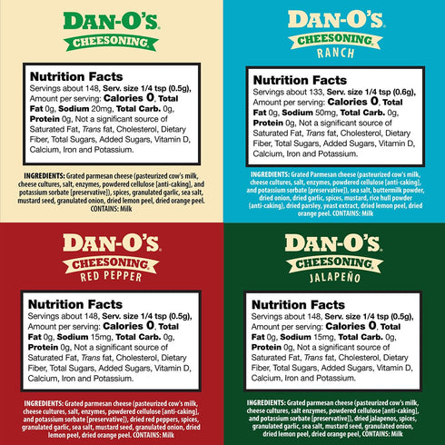 Set, 4 Pack, Dan-O's Cheesoning Block Seasoning Small Bottles, Includes Ranch Cheesoning, Red Pepper Cheesoning