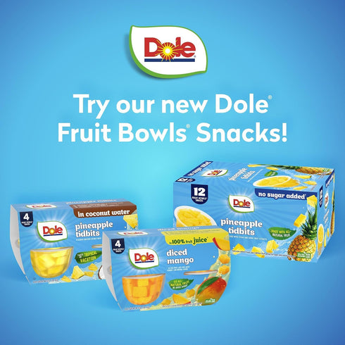 4 oz 12 Pack Dole Pineapple Tidbits with No Sugar Added - Dole Fruit Bowls Snacks - Fruit Bowls