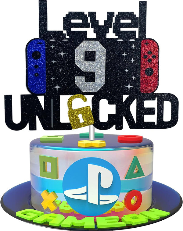Happy 9th Birthday Cake Topper, Level 9 Unlocked for Kids, Boys & Girls Birthday Party Decoration