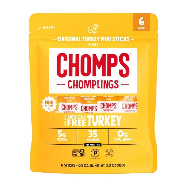 CHOMPS MINI Free Range Turkey Jerky Meat Snack Sticks, Original Turkey, 0.5