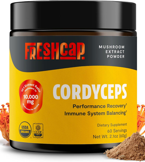 FreshCap Organic Mushroom Powder Supplement - Fruiting Body Extract (Cordyceps, 60 Servings)