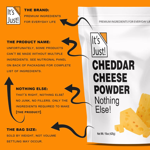 15oz, It's Just - Cheddar Cheese Powder, Made with Real Cheese, Shelf Stable, Made in USA, Make Cheese Sauce, Sprinkle
