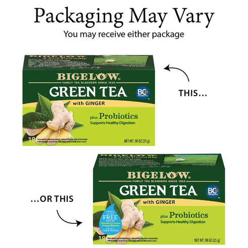 Bigelow Tea Green Tea with Ginger Plus Probiotics, Caffeinated Tea, 18 Count Box (Pack of 6)