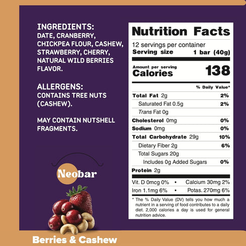 12 Count NEOBAR Berries Cashew Fruit and Nut Bars - Plant-Based Vegan Snack Bars, Gluten Free Dairy Free Snacks, No