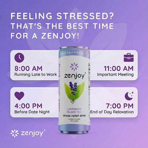 (12 Pack) Zenjoy Stress Relief Drink, Calming Black Tea, Non Alcoholic, Ashwagandha & Lemon Balm for Stress Relief, L