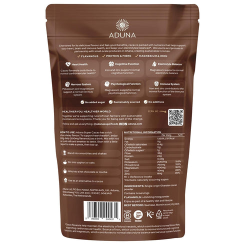 100% 275g Aduna Super-Cacao Powder | Natural Ghanaian Cacao for Heart Health & Energy Support | Natural Vegan Source